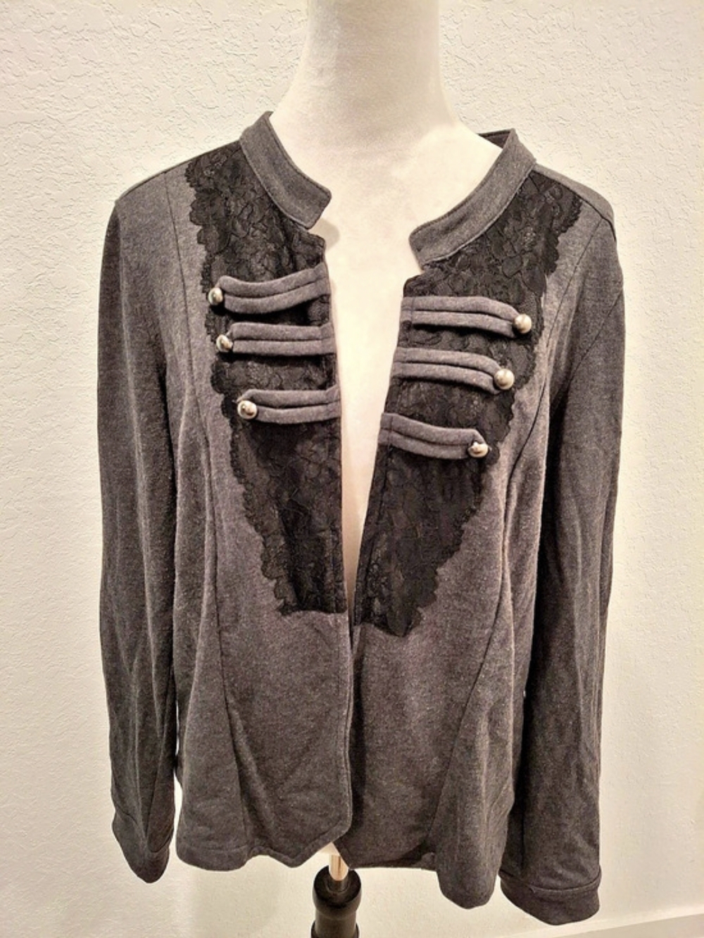 maurices Lace-Trim Cardigan in Gray & Black Size XL